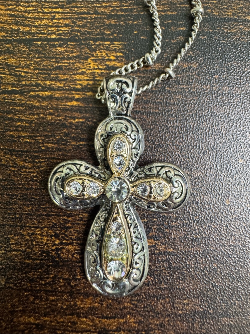 Silver and Gold Crystal Cross Pendant Necklace - Women Jewelry